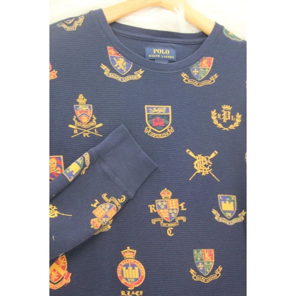 POLO RALPH LAUREN Men M Navy Crest Logo Thermal Long Sleeve Sleepwear Shirt #863